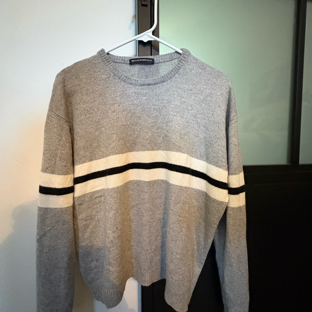 Brandy Melville Gray Sweater with Black and White Stripes